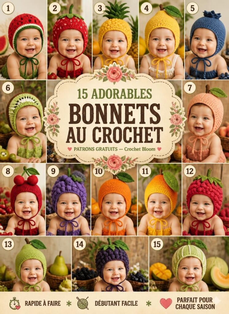 15 adorables designs de bonnets au crochet pour bébés : thèmes de fruits fruités