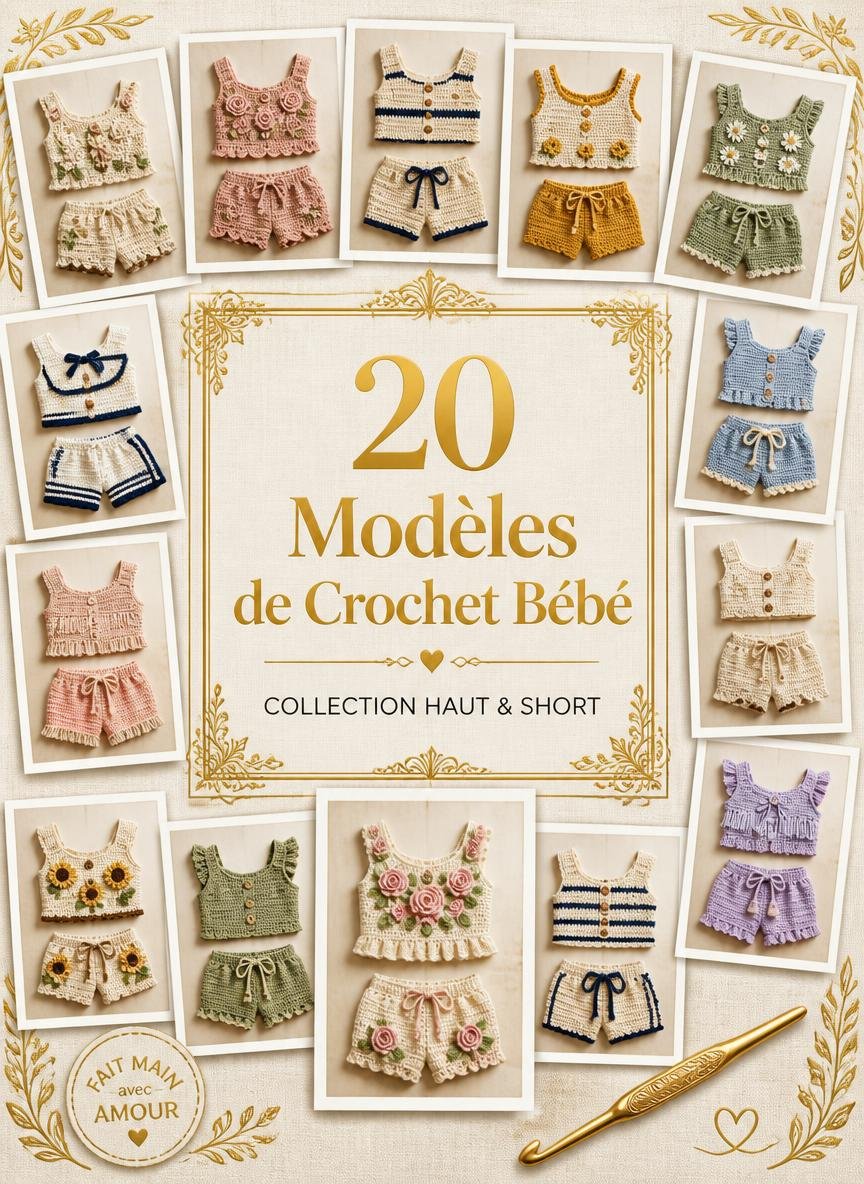 Collage de 20 modèles d'ensembles haut et short pour bébé au crochet, styles variés, faits main, idées mode enfantine."