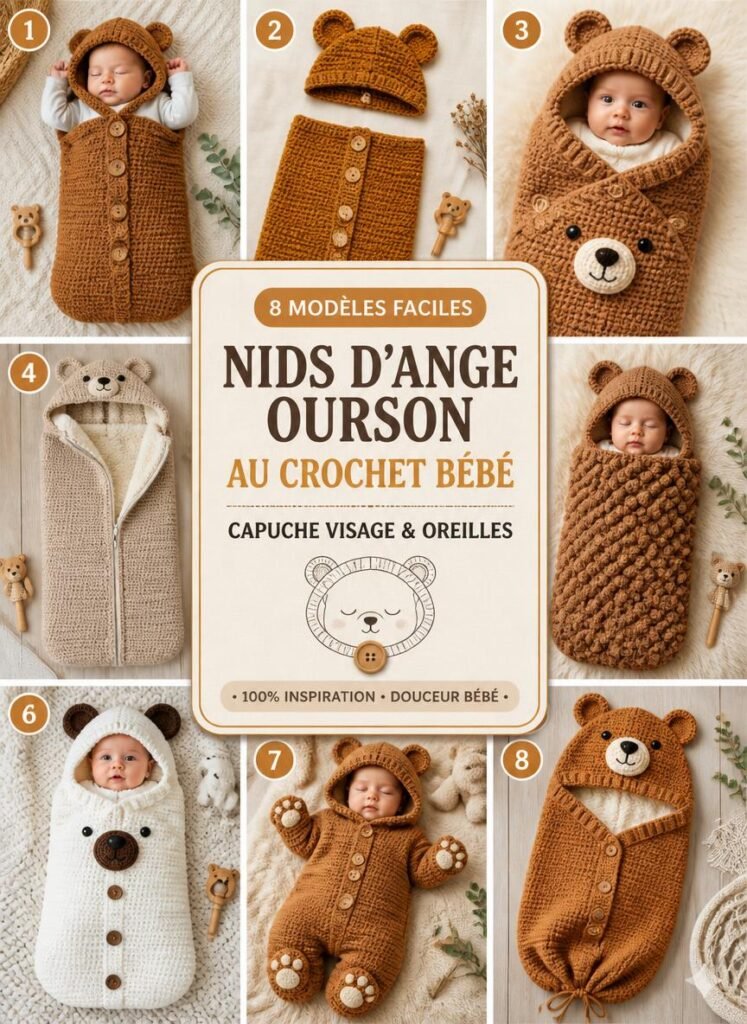 8 Modèles Faciles de Nids d&rsquo;Ange au Crochet avec Capuche Visage et Oreilles d&rsquo;Ourson