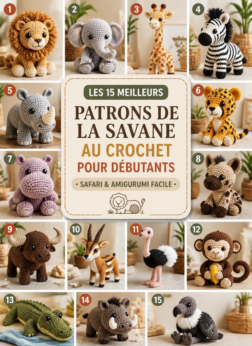 Modèles et patrons d'animaux de la savane au crochet amigurumi faciles pour débutants