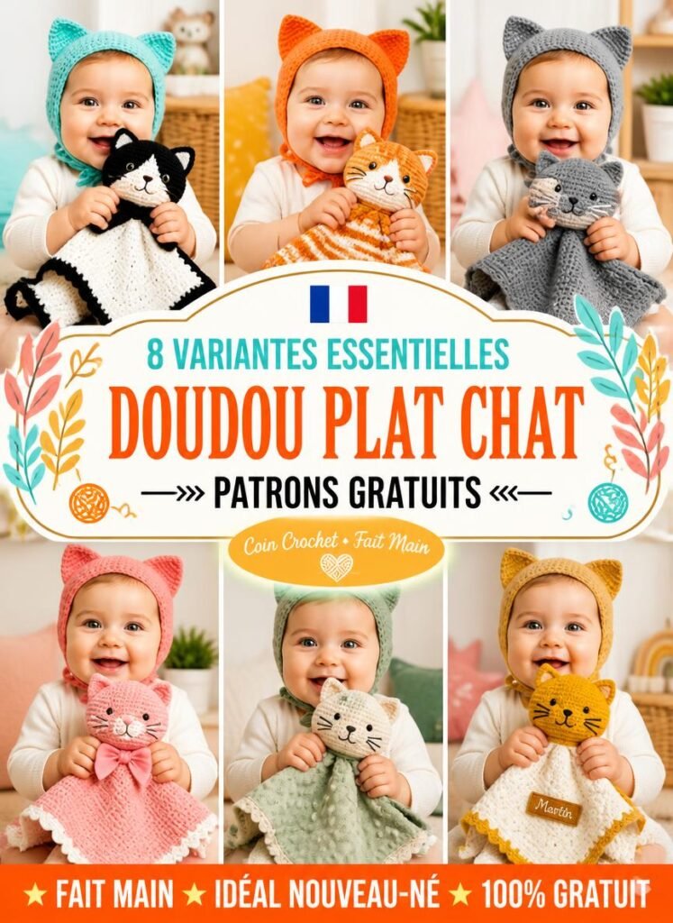 8 Variantes de Doudous Plats Chat au Crochet pour Nouveau-Né